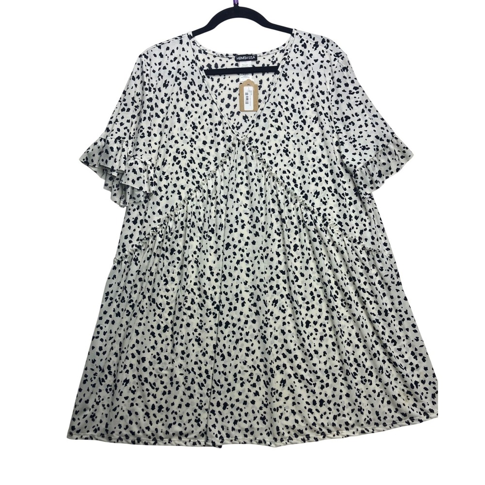 Heimish USA Womens 3XL White‎ Black Speckled Babydoll Tunic Ruffle Sleeve ET6220